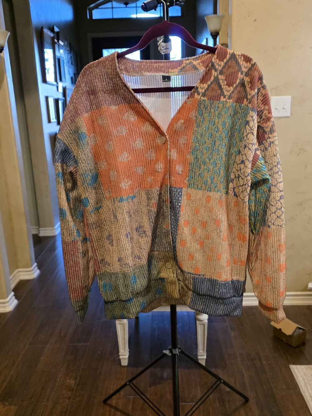 Womens Patchwork Knit Cardigan Large Multicolor Button Front Lightweight Sweater